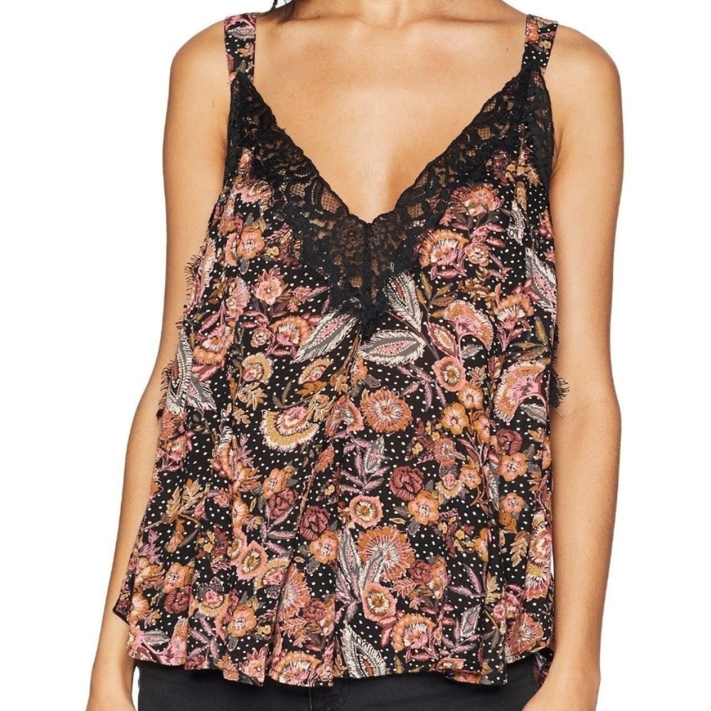 Intimately Free People Boho Black Floral Lace Detail Tank Top Peplum Size M